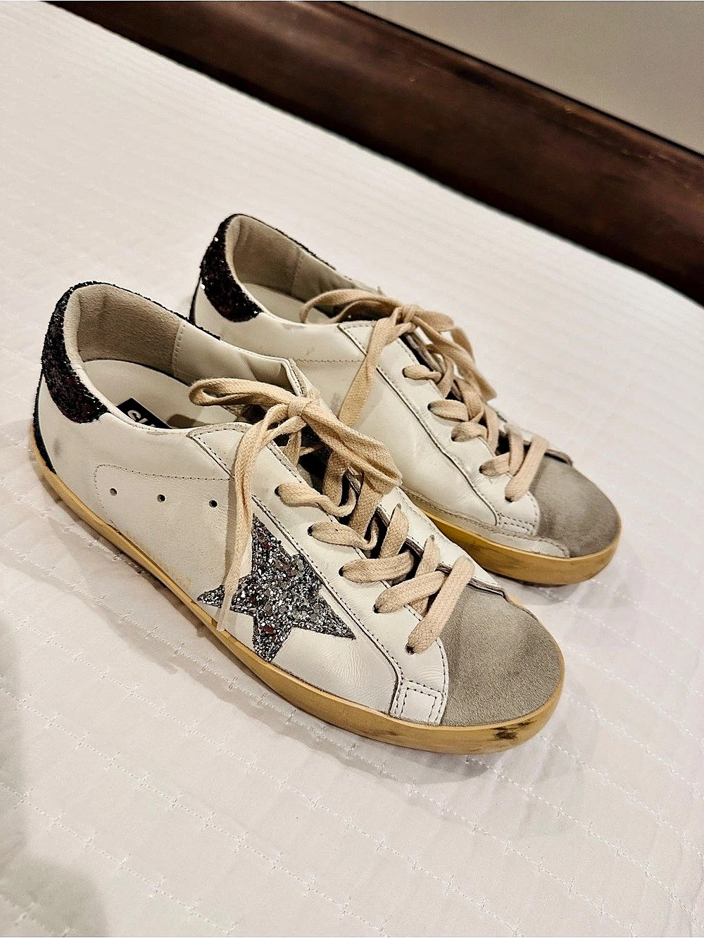 Golden Goose Super-Star with silver glitter star and brown glitter heel tab